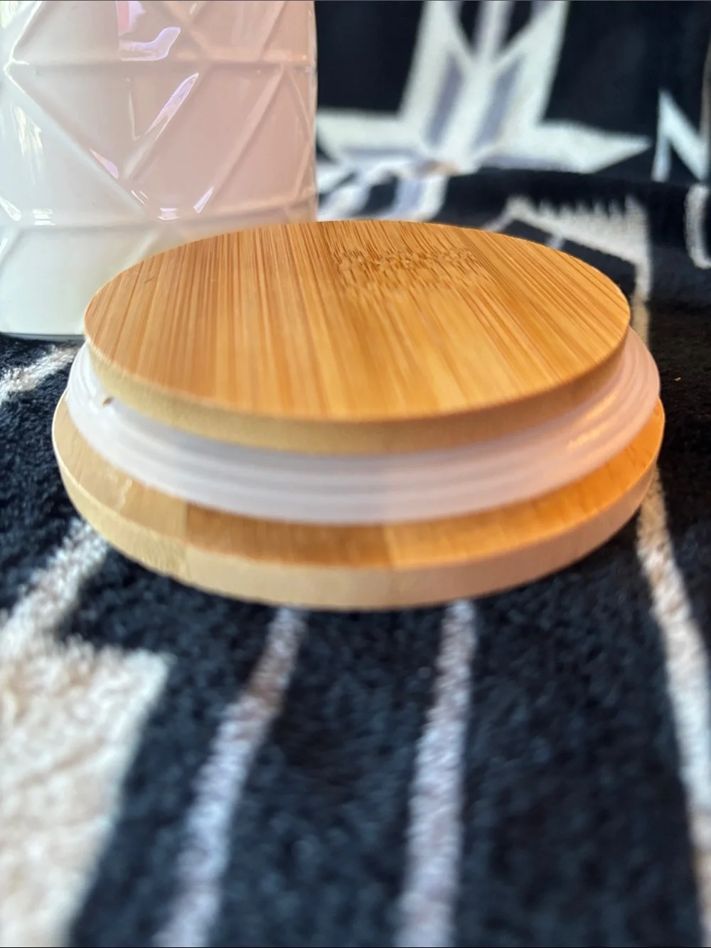 White Geometric Ceramic Canister with Wood Lid - Home Accents